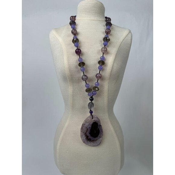 Dyed Agate Pendant Necklace With Beads & Large Purple Stone 13" Long Unique Boho - Picture 6 of 15
